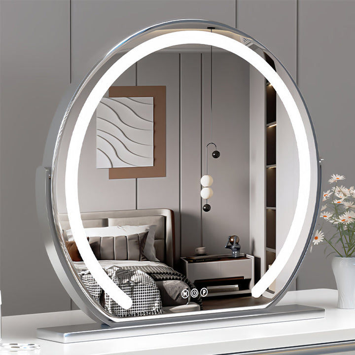 Women's rotating LED vanity mirror, dimmable with touch control, ideal for detailed makeup.