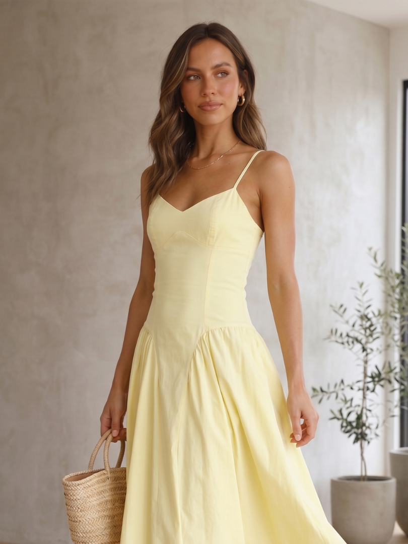 Elegant women's lemon print babydoll midi dress. Corset style, spaghetti straps for summer parties & wedding guests.