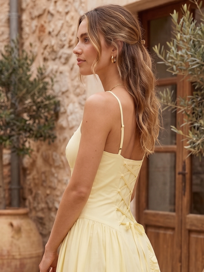 Chic women's lemon babydoll midi dress featuring a flattering corset bodice & delicate spaghetti straps. Summer fashion.