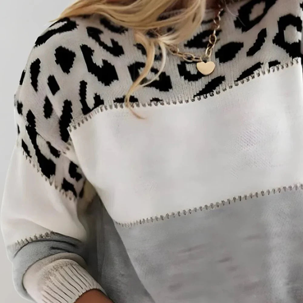 Stylish women's leopard print fashion sweater. A trendy long-sleeve pullover, perfect for casual wear.
