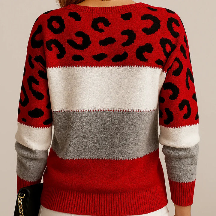 Trendy women's leopard print casual sweater. Chic long-sleeve top for modern autumn/winter fashion.