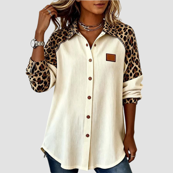 Women's leopard print long sleeve shirt with point collar, relaxed fit for comfort.
