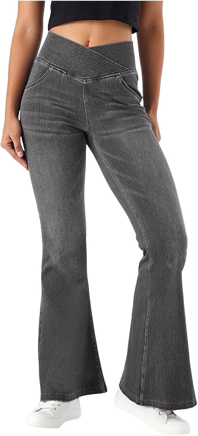 Grey women's high-waist jeans, stretch denim, comfortable slim fit for daily use.