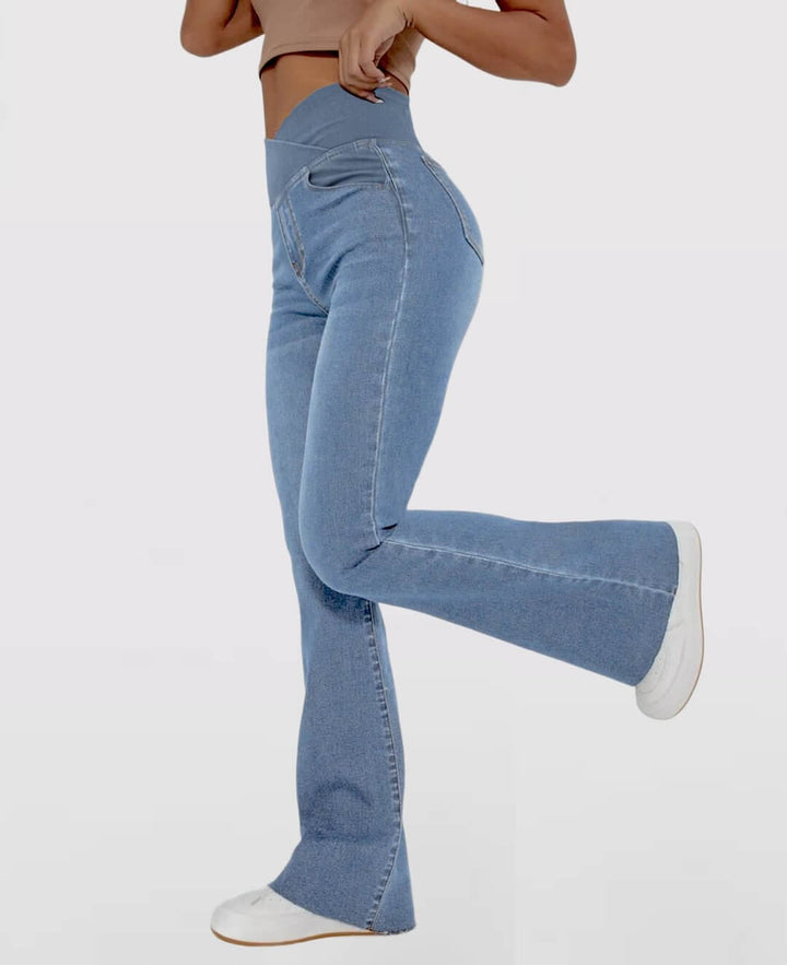Slim fit light blue women's high-waist jeans, stretchy & comfortable everyday.