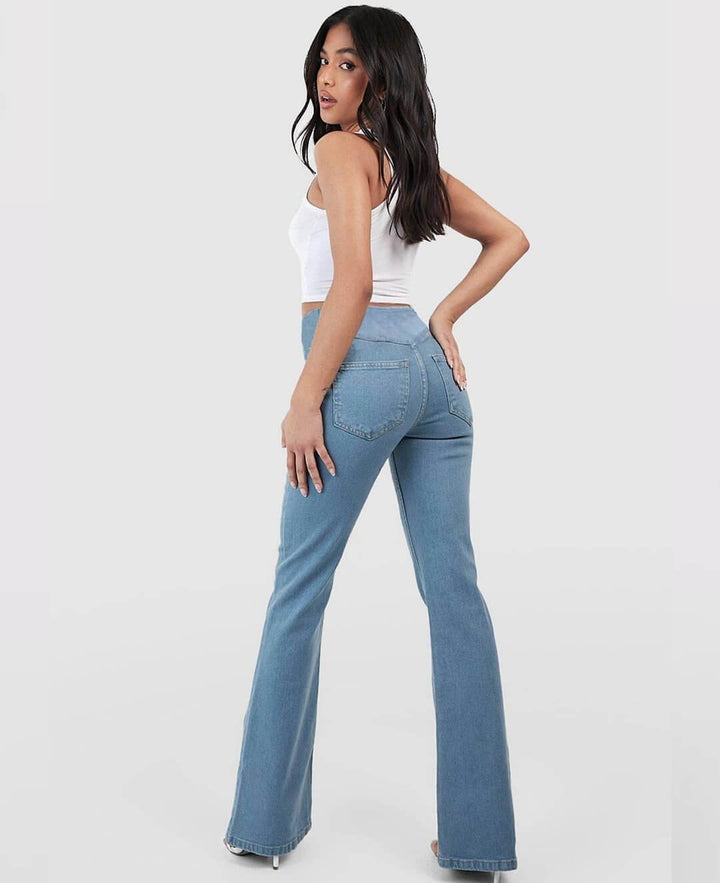 Light blue stretch denim high-rise jeans, women's slim fit for ultimate comfort.