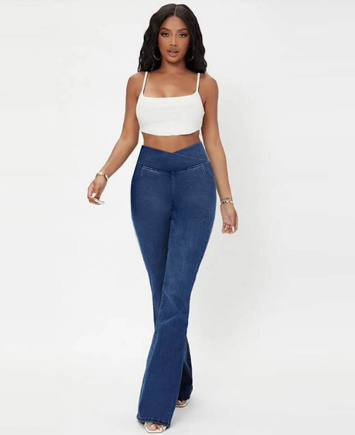 Versatile dark blue stretch high-waist jeans for women, comfortable casual bottoms.