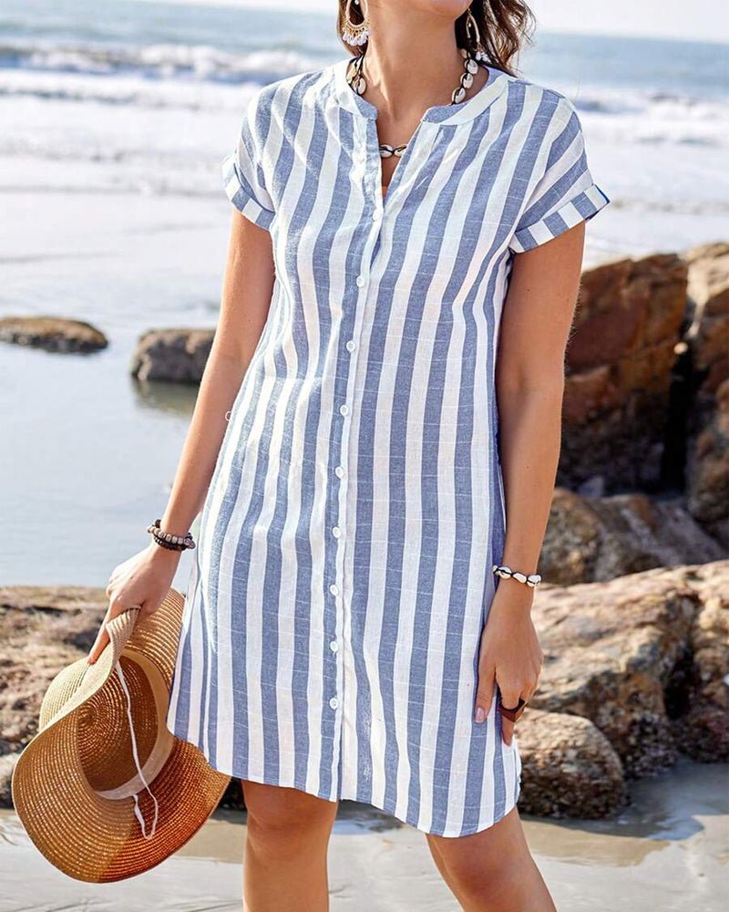 Women's light blue striped short-sleeve button-up shirt dress, perfect casual summer daywear.