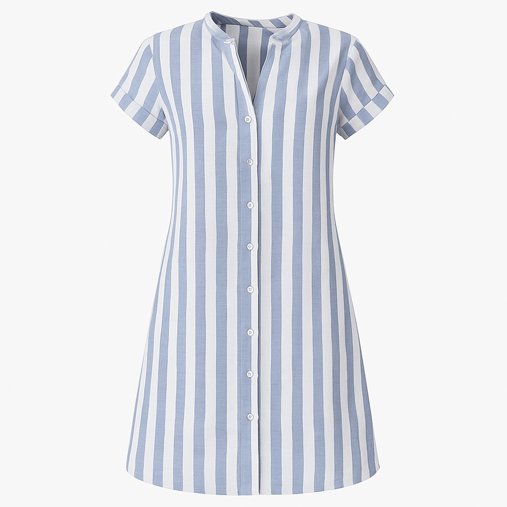 Effortlessly chic women's light blue striped short-sleeve shirt dress, a versatile button-up for summer style.