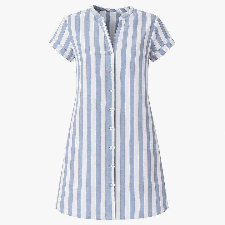 Effortlessly chic women's light blue striped short-sleeve shirt dress, a versatile button-up for summer style.
