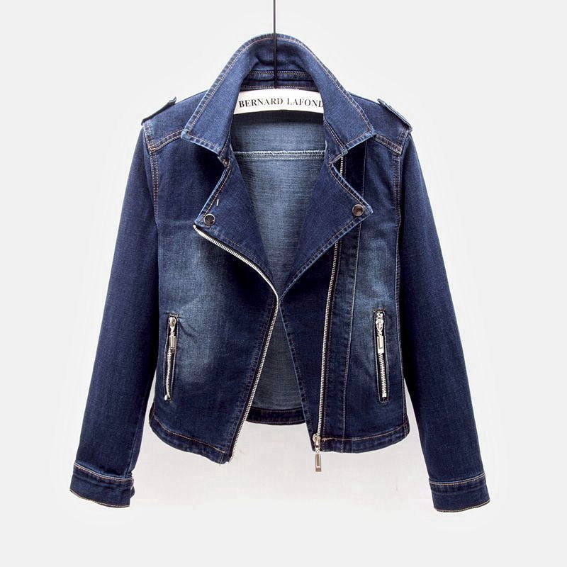 Navy blue women's denim jacket, a versatile layering piece for effortless vintage style. Casual autumn & spring fashion.