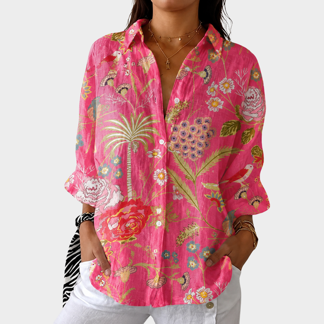 Women's light colorful printed blouse, loose fit flowing summer top for casual elegant style.