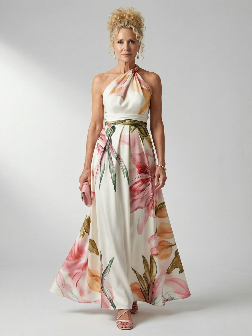 Women's light floral halter maxi dress for effortless summer style.