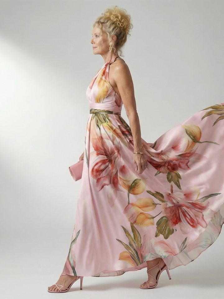 Elegant yet casual floral halter maxi dress, sleeveless for women's summer comfort.