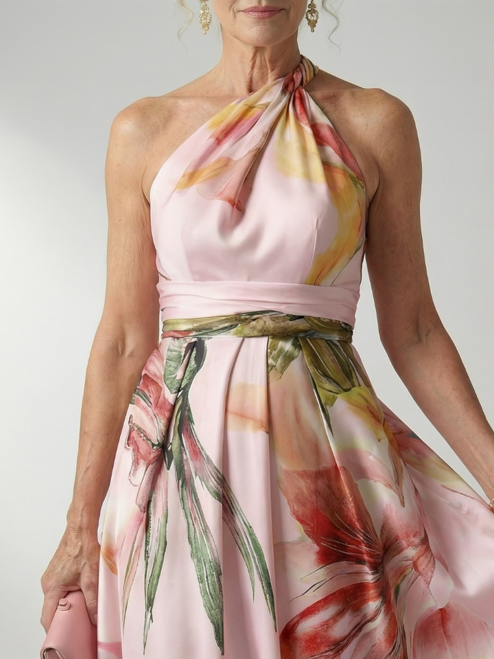 White floral halter maxi dress, a stylish summer dress for women's casual elegance.