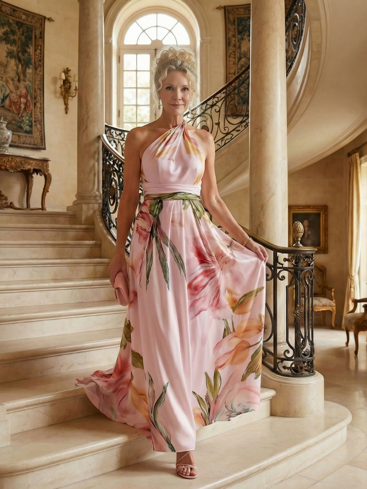 Purple floral halter maxi dress, light and comfortable for women's summer fashion.