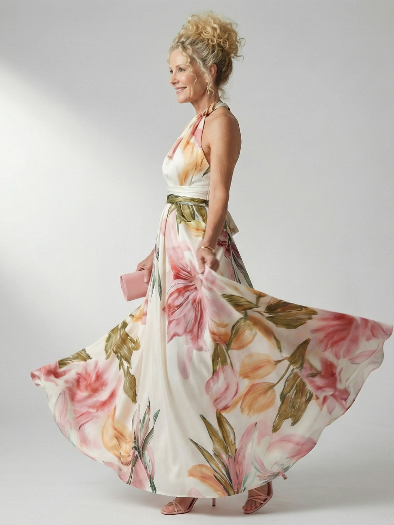 White floral halter maxi dress, elegant and sleeveless for women's summer vacation.