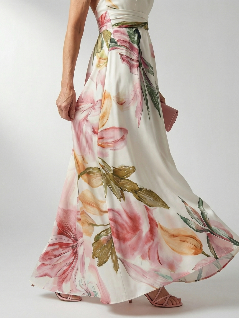 Purple floral halter maxi dress, a stylish women's casual summer fashion dress.