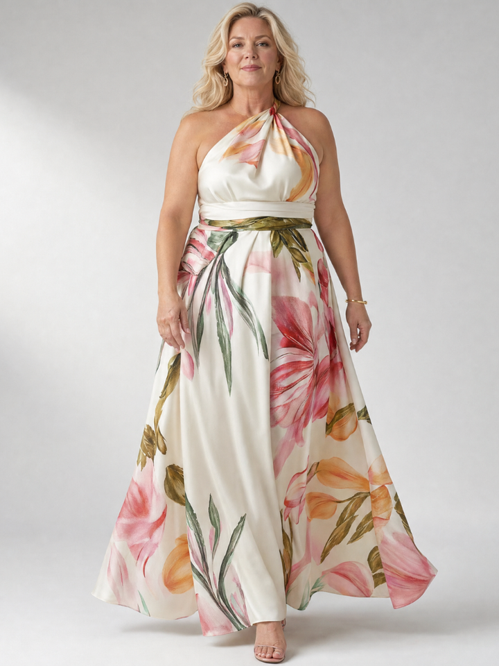 Elegant floral halter maxi dress, sleeveless white and purple for women's summer style.