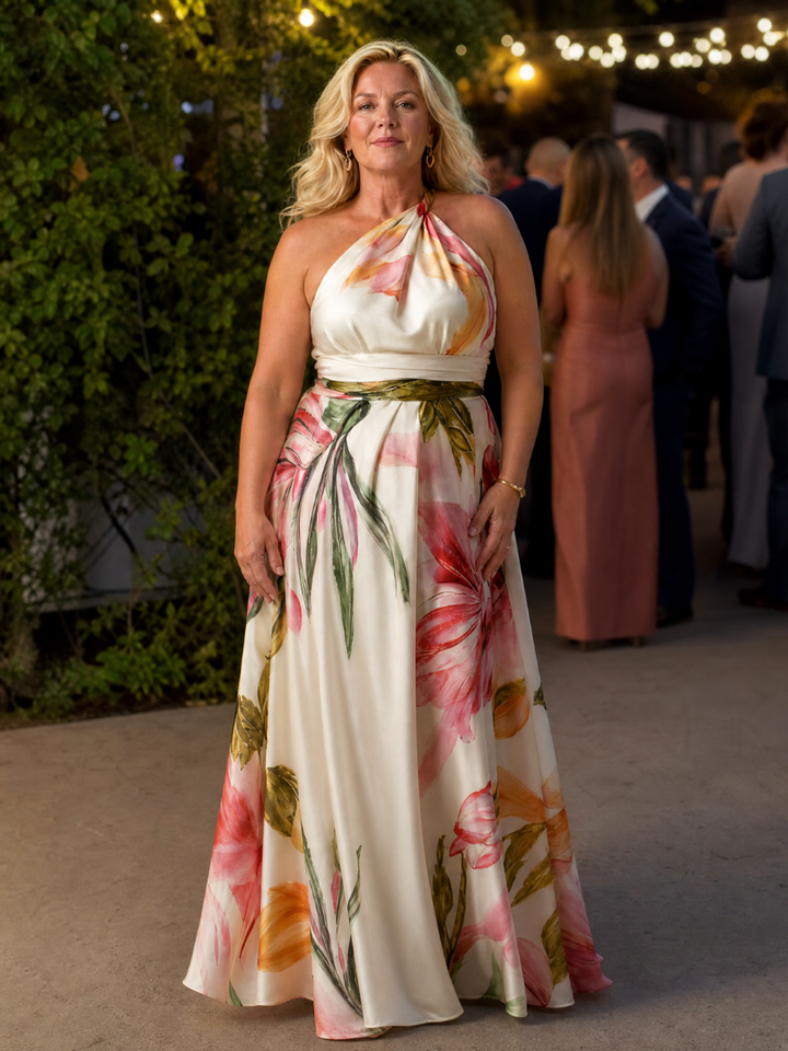 Casual floral halter maxi dress, ideal for women's summer vacation or elegant events.