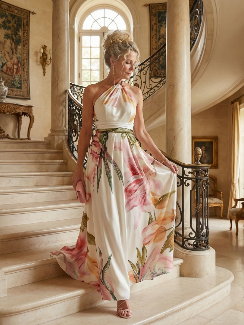 Light floral halter maxi dress, effortless summer style for women's casual wear.