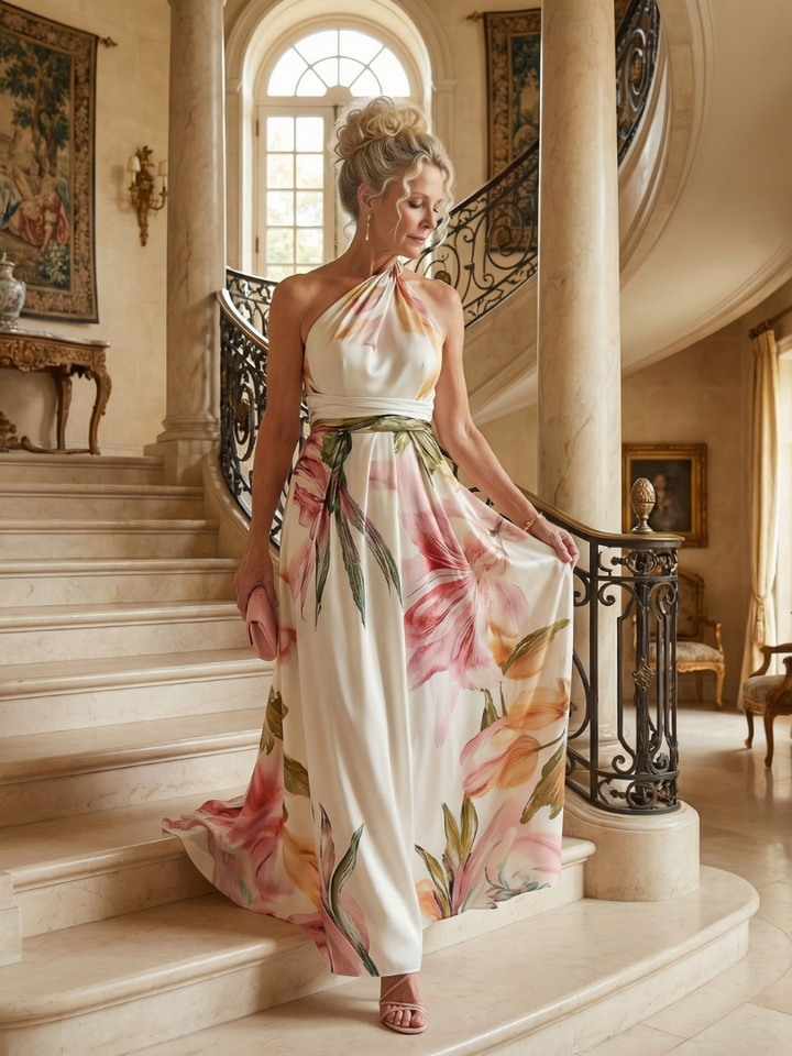 Light floral halter maxi dress, effortless summer style for women's casual wear.