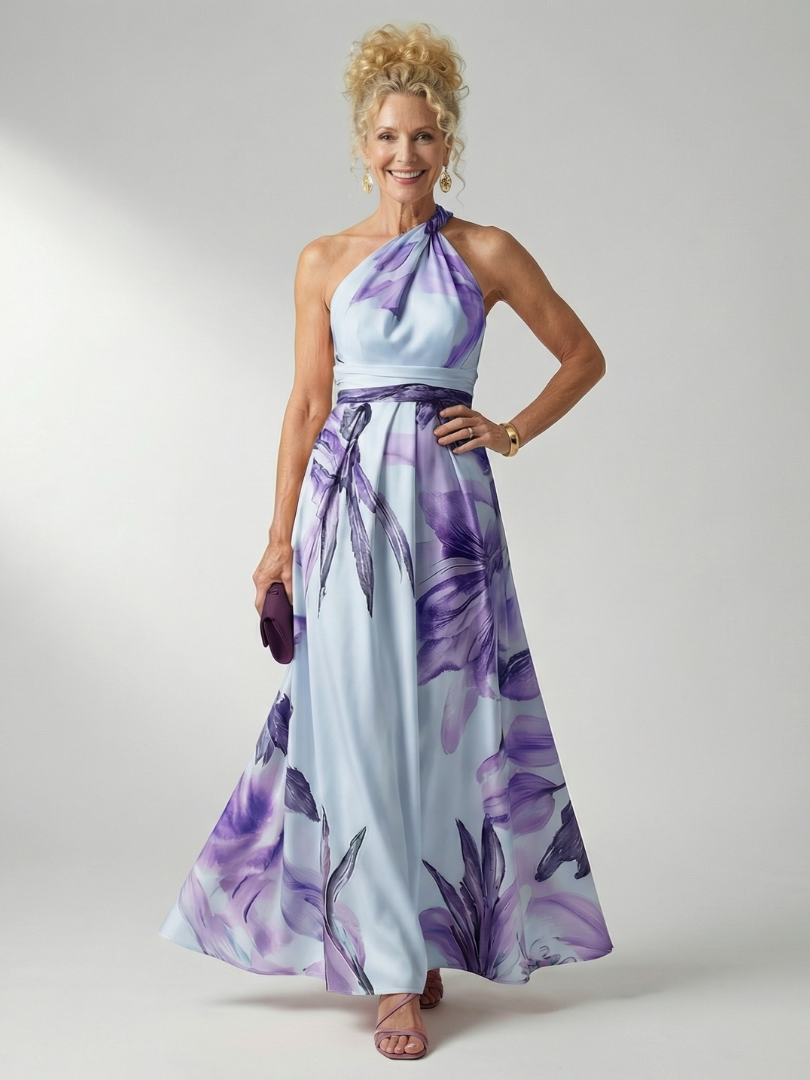 Sleeveless floral maxi dress, a light halter style for women's elegant summer fashion.