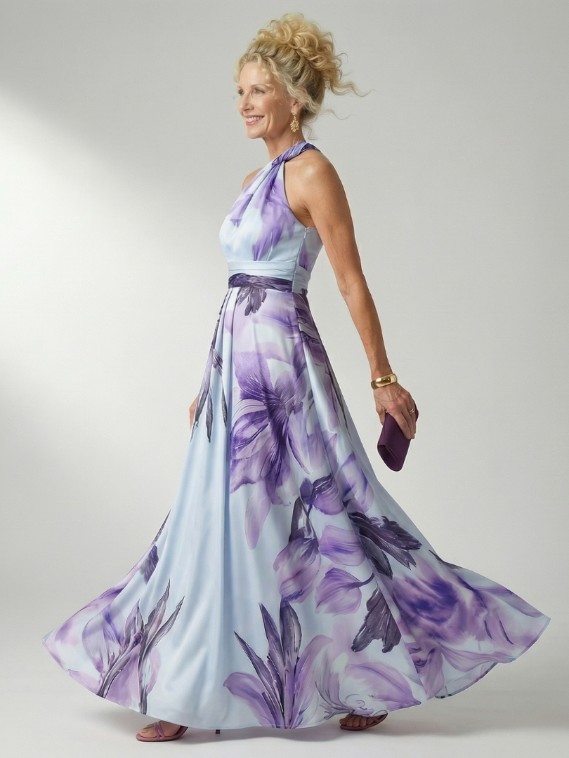 Vibrant floral print halter maxi dress, a beautiful summer vacation dress for women.