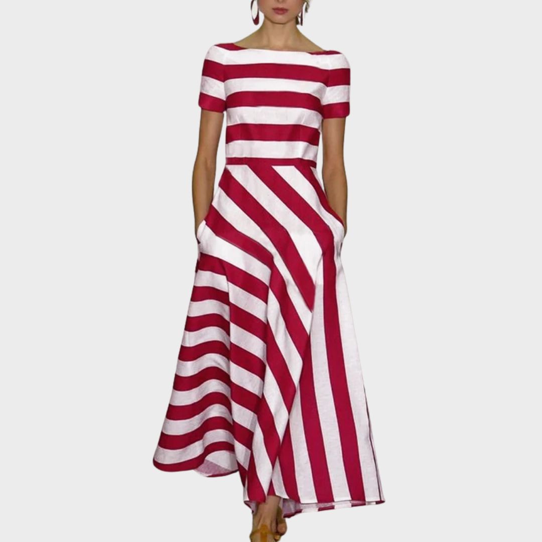 Women's light & fluid striped A-line midi dress with boat neckline, perfect for casual or elegant summer wear.