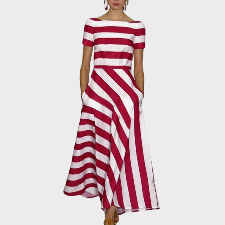 Women's light & fluid striped A-line midi dress with boat neckline, perfect for casual or elegant summer wear.