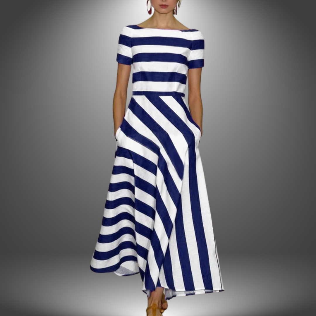 Comfortable & versatile women's striped A-line dress with short sleeves, ideal as a casual or elegant summer midi dress.