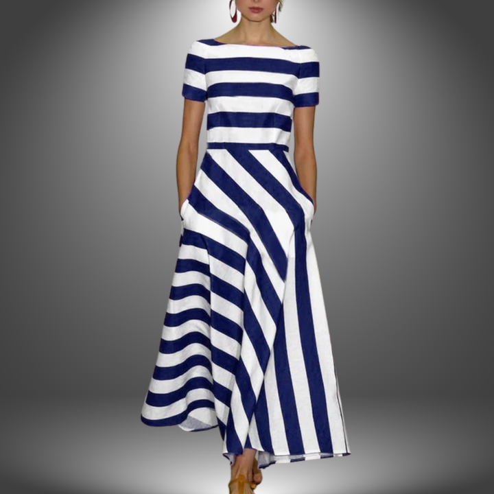 Comfortable & versatile women's striped A-line dress with short sleeves, ideal as a casual or elegant summer midi dress.