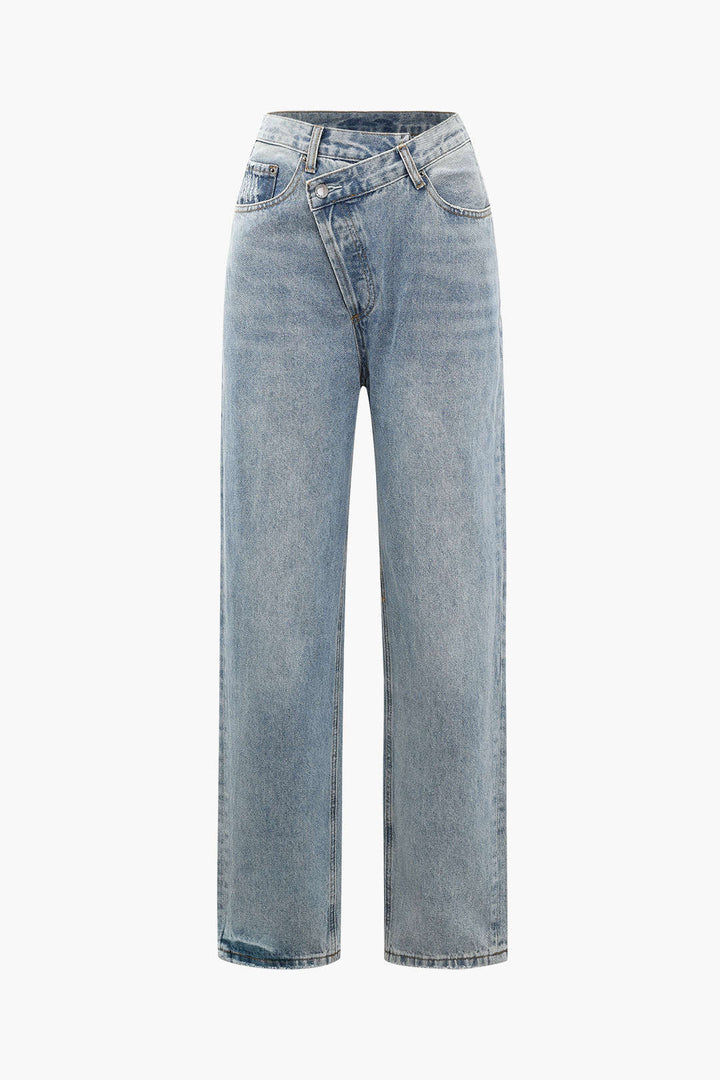 Women's light wash asymmetric high-waisted straight-leg jeans for a trendy, modern casual look.