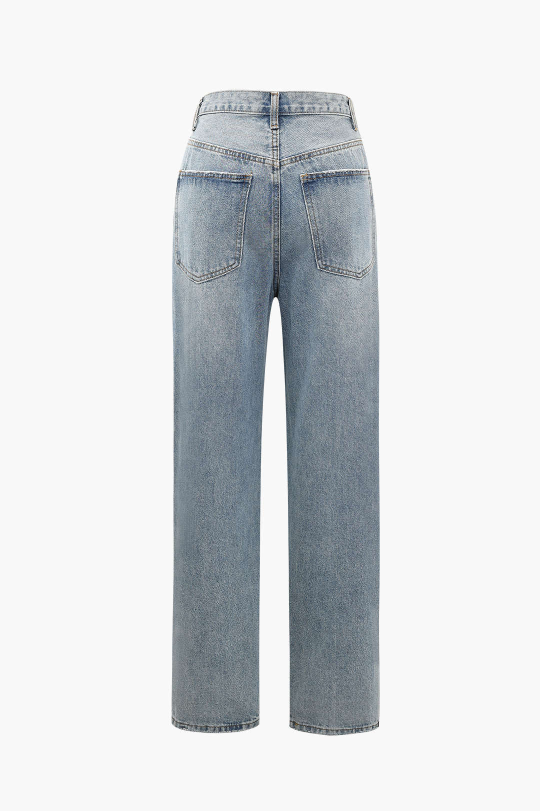 Unique women's straight-leg jeans with an edgy asymmetric high waist and light wash, perfect for modern style.