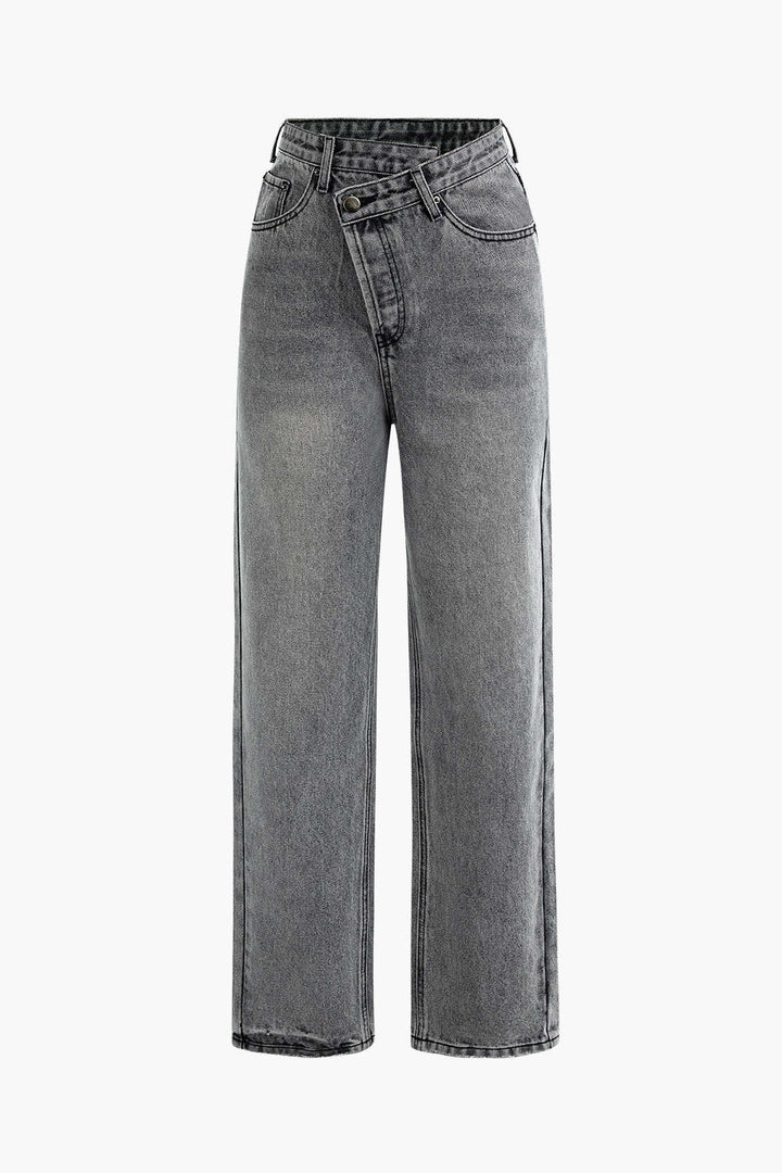 Trendy light wash women's asymmetric high-waisted straight-leg jeans, ideal for comfortable casual wear.