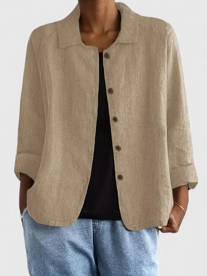 Versatile women's outerwear: a lightweight button-up jacket for casual or dressed-up looks.