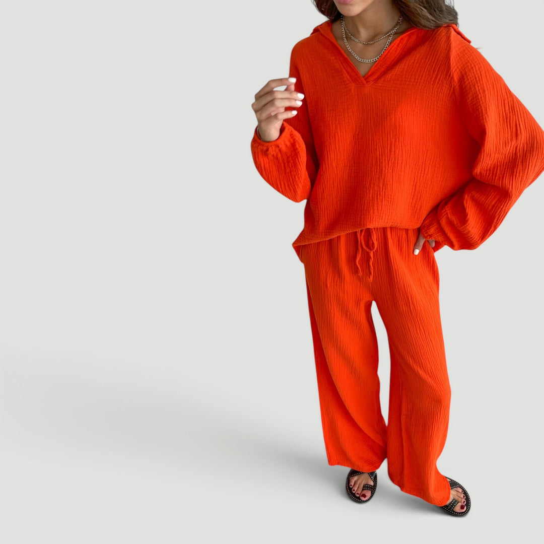 Modern women's summer outfit: breathable, lightweight co-ord set, relaxed fit.