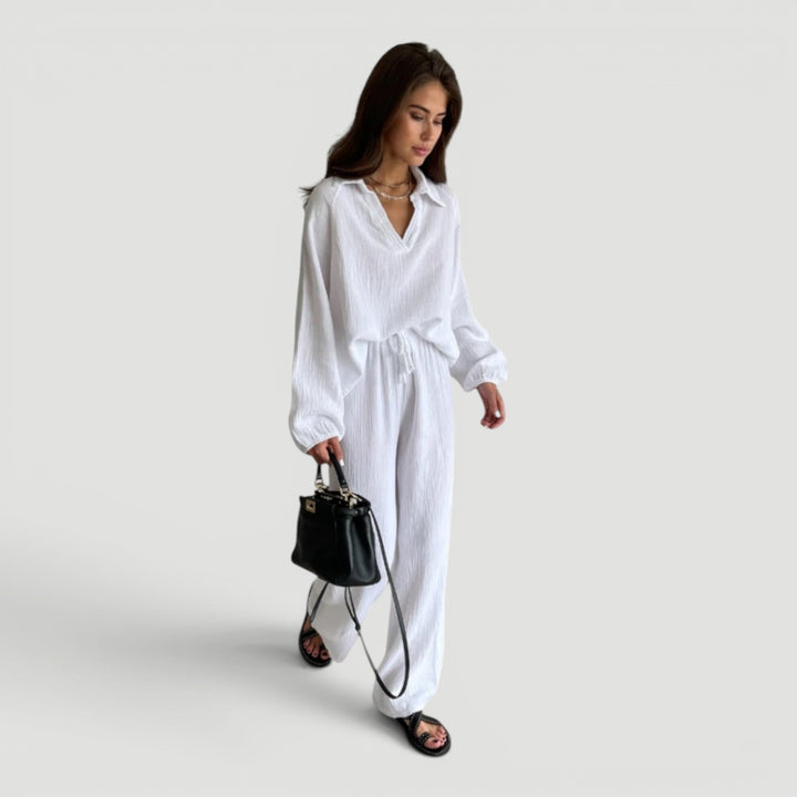 Casual women's co-ord set in lightweight cotton gauze, ideal for vacation wear.