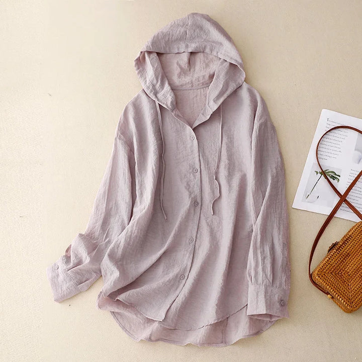 Women's lightweight crinkled button-front hoodie with drawstring, perfect for casual summer layering.