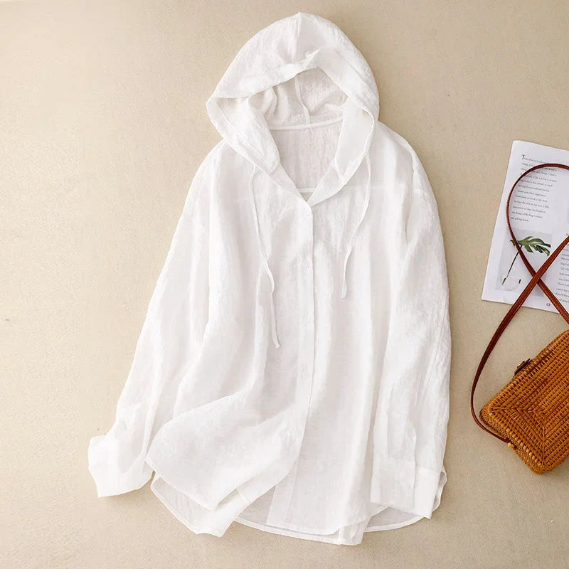 Stylish women's crinkled button-front hoodie, a versatile hooded top with a relaxed fit for casual fashion & everyday comfort.