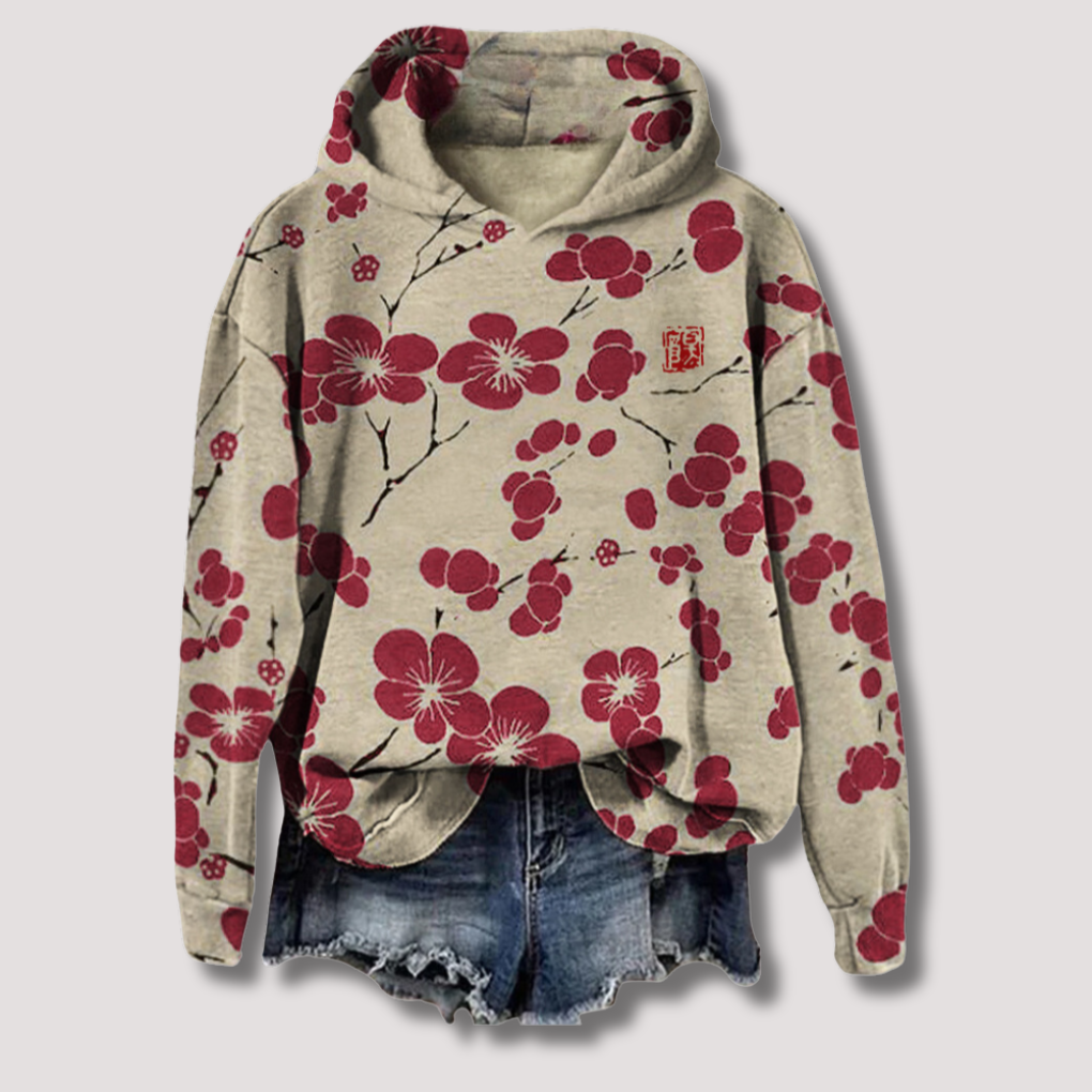 Trendy women's lightweight floral print hoodie sweater, a comfortable long sleeve top for casual wear & layering.