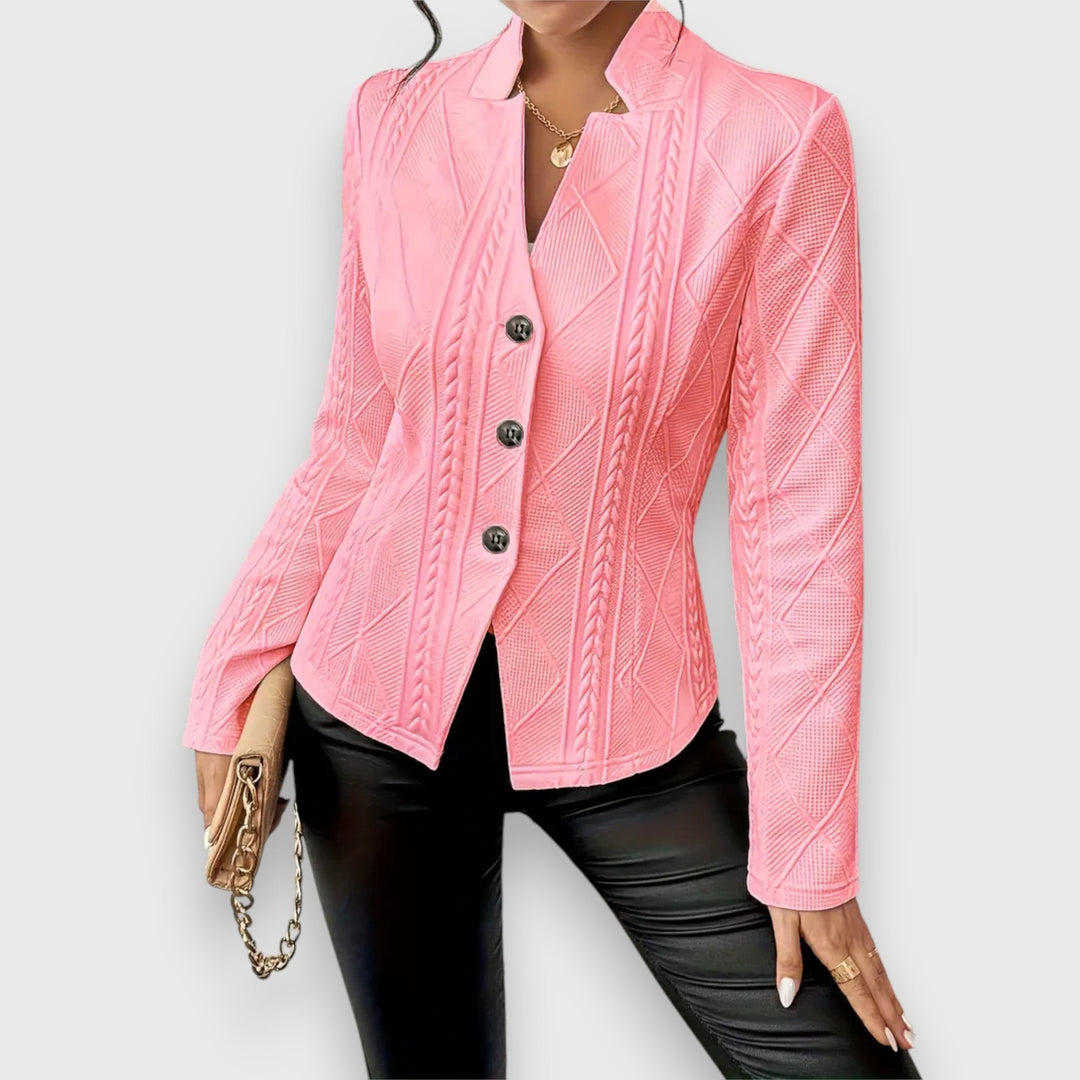 Chic women's lightweight layering jacket in a neutral beige, an essential piece for transitional outerwear.