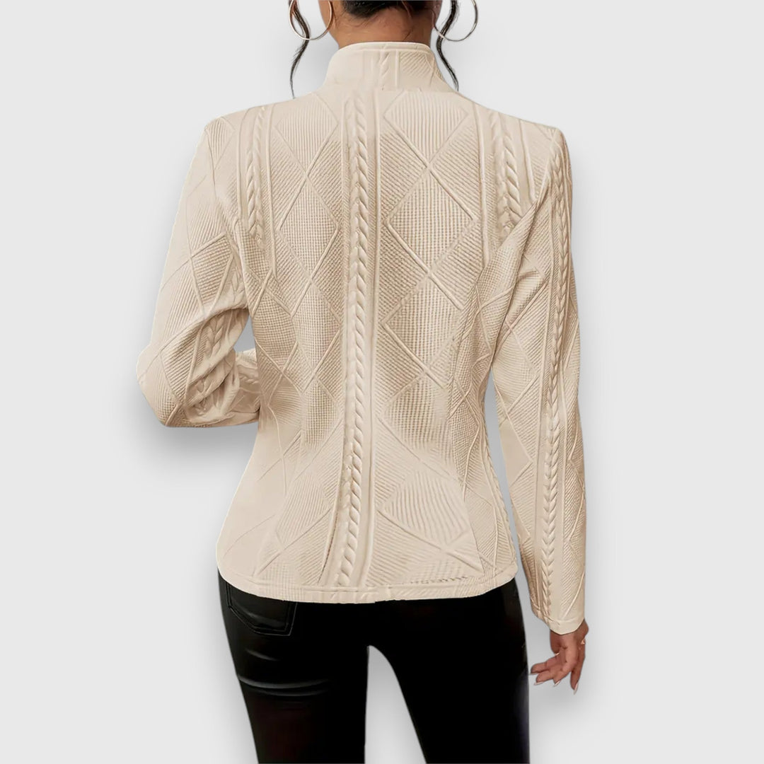 Front view of a women's lightweight layering jacket, showcasing its clean lines & everyday casual style.