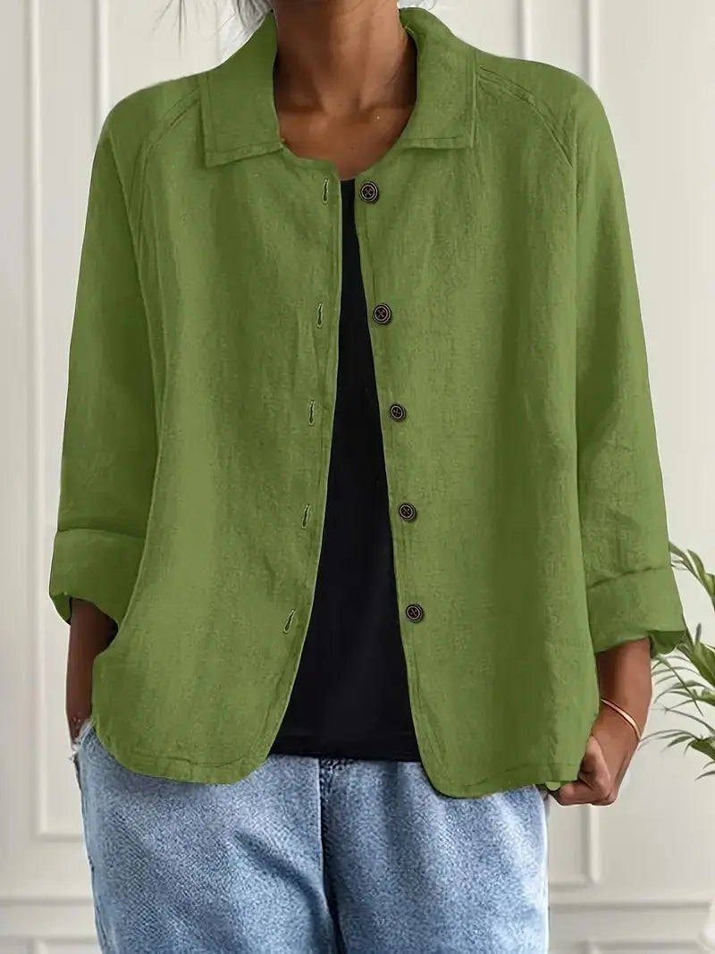 Women's casual linen blazer jacket. Light and airy with a button front, ideal for warm weather.