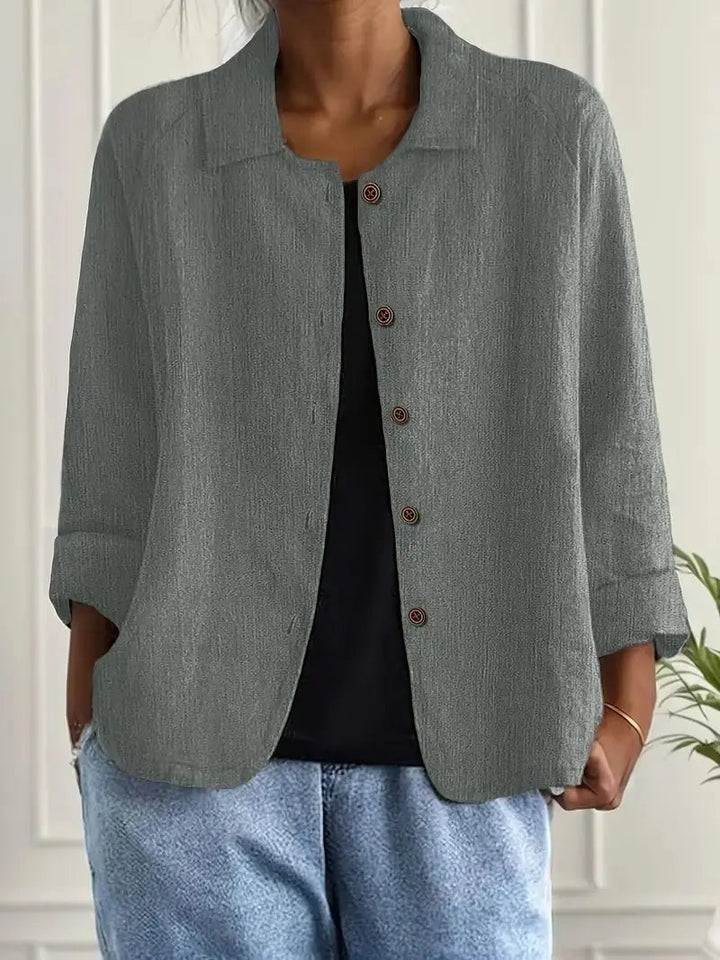 Women's spring-summer linen blazer. Lightweight, button-front tailored jacket for casual elegance.