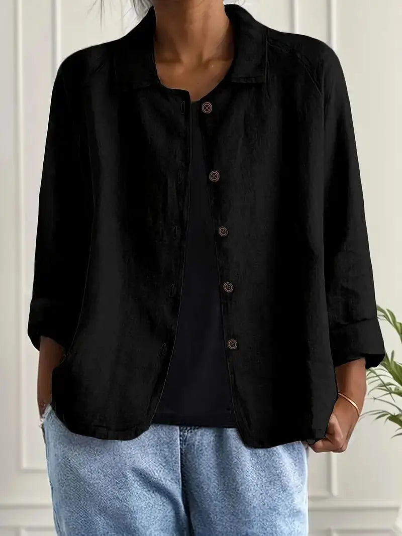 Lightweight linen blazer for women, button front. Stylish ladies outerwear for spring and summer.