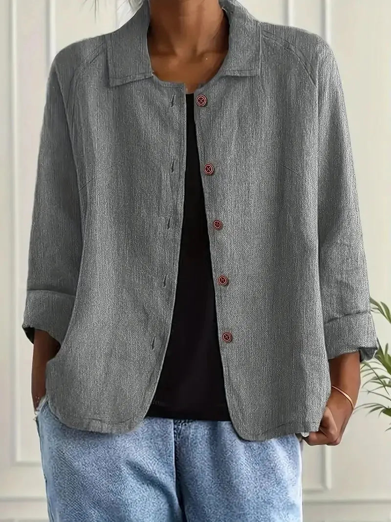 Women's casual button-front blazer. Breathable linen jacket, perfect for smart casual layering.