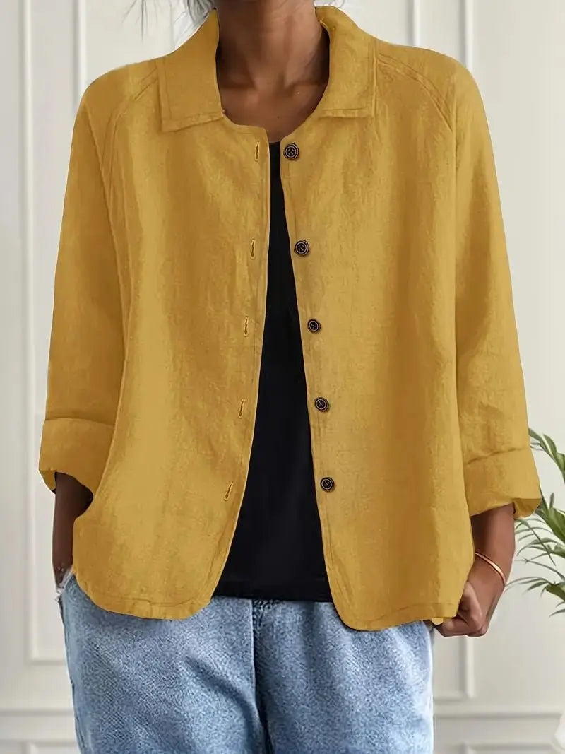 Summer style women's tailored blazer. Lightweight linen jacket, buttoned front for easy wear.