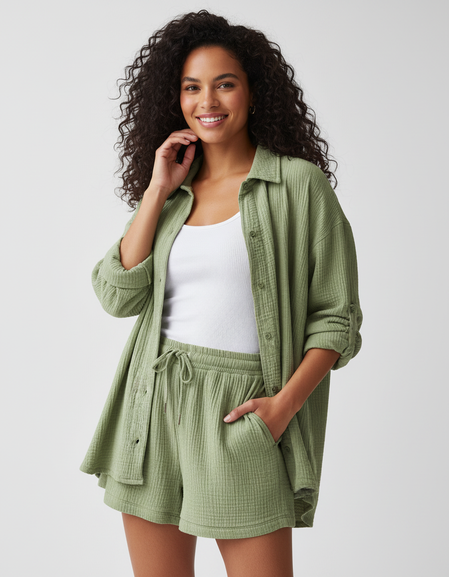 Chic women's lightweight lounge set, top & relaxed shorts. Great for summer casual & comfort.