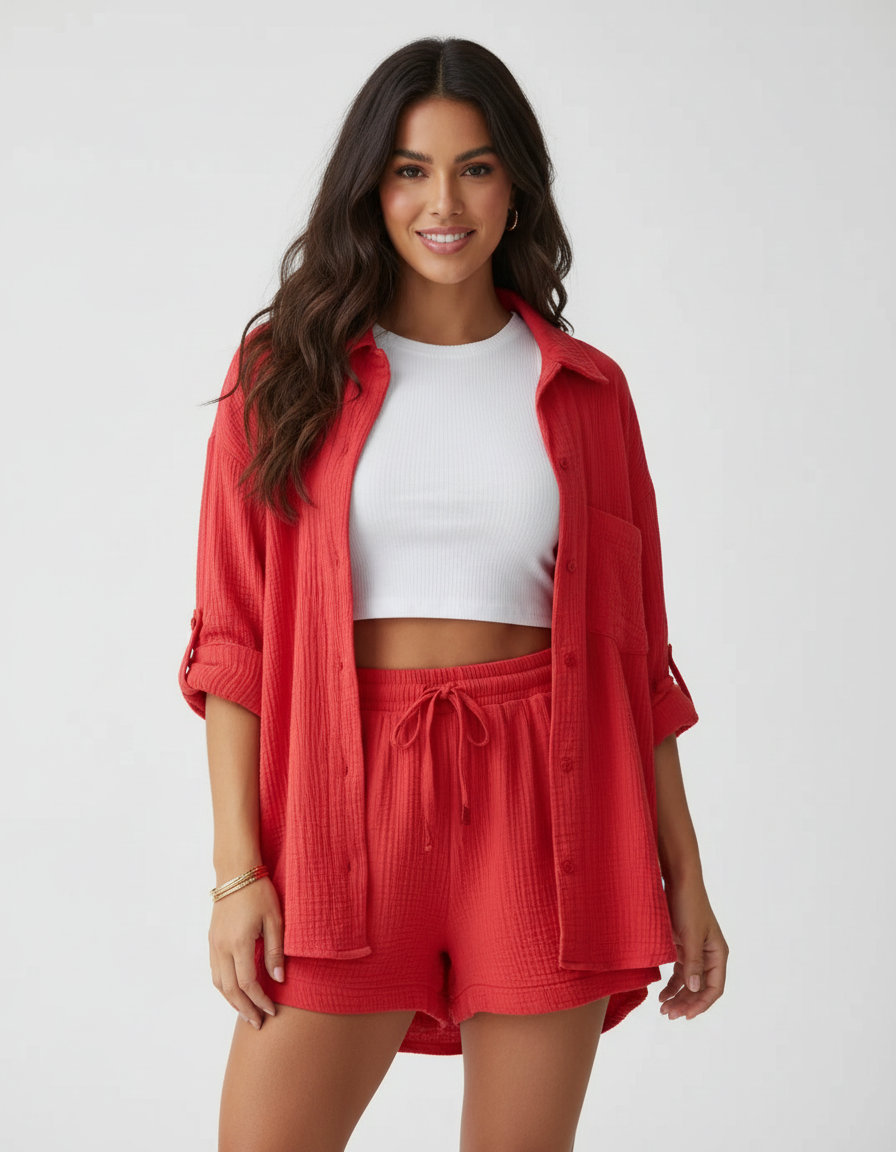Everyday wear women's lounge set, two-piece with relaxed shorts. Comfortable & stylish for summer.
