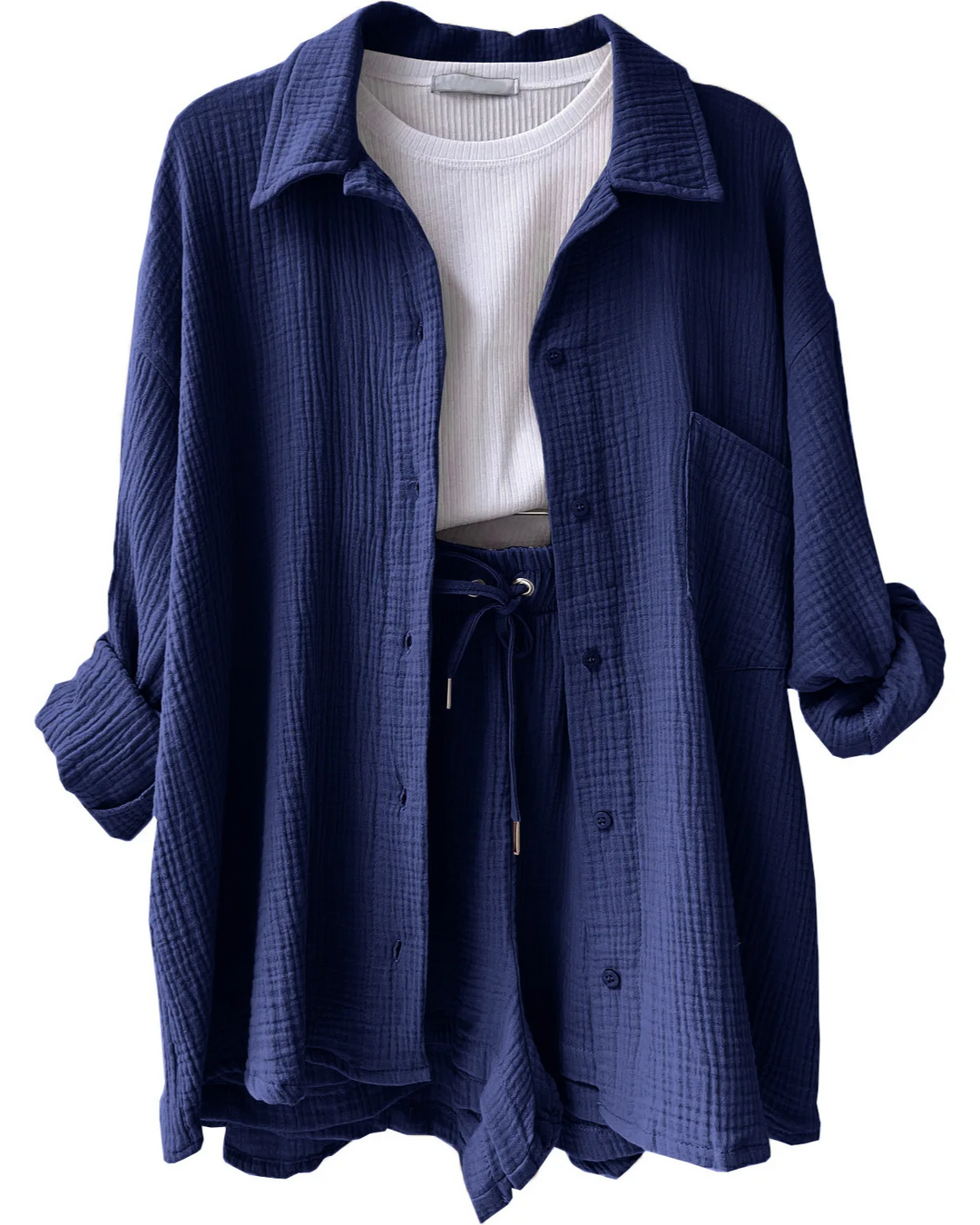 Cozy women's lounge set with relaxed shorts, ideal for spring, summer, and home relaxation.